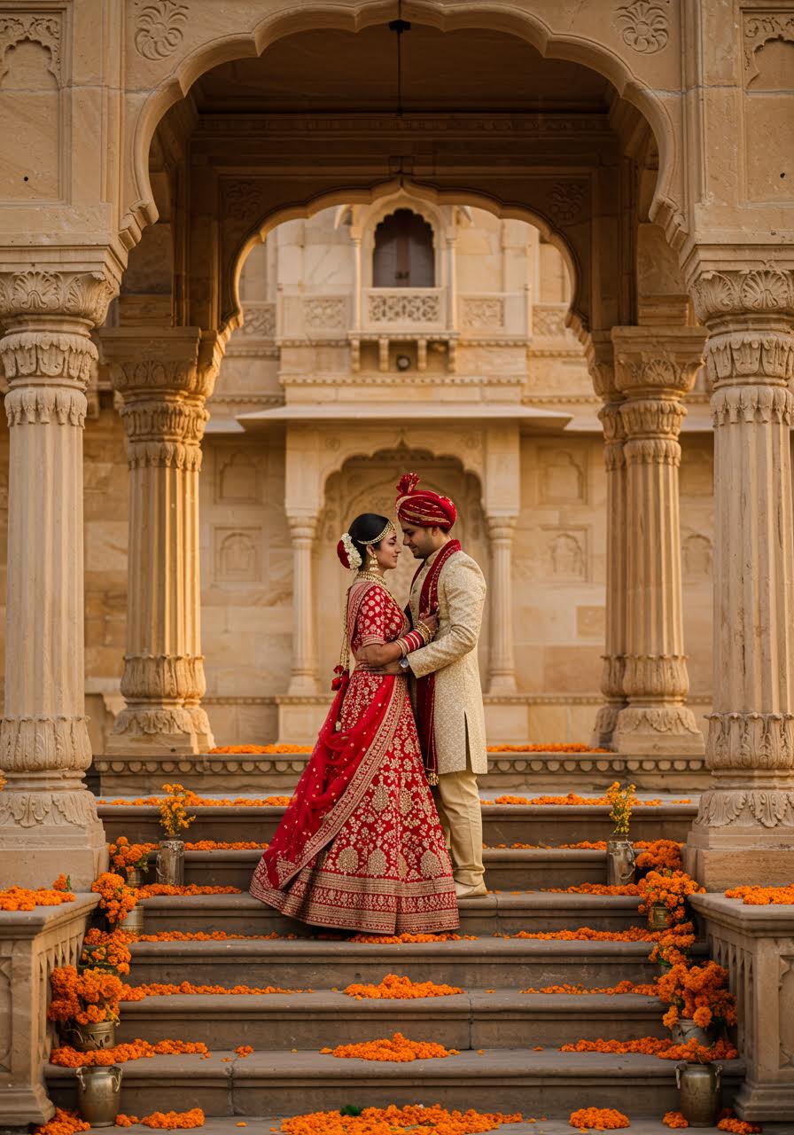 Couple embracing on ornate palace steps with scattered marigold petals