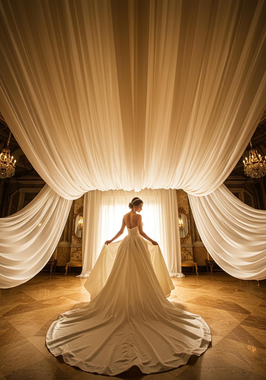 Wide view of ballroom with elegant ivory silk draping creating intimate ceiling canopy effect