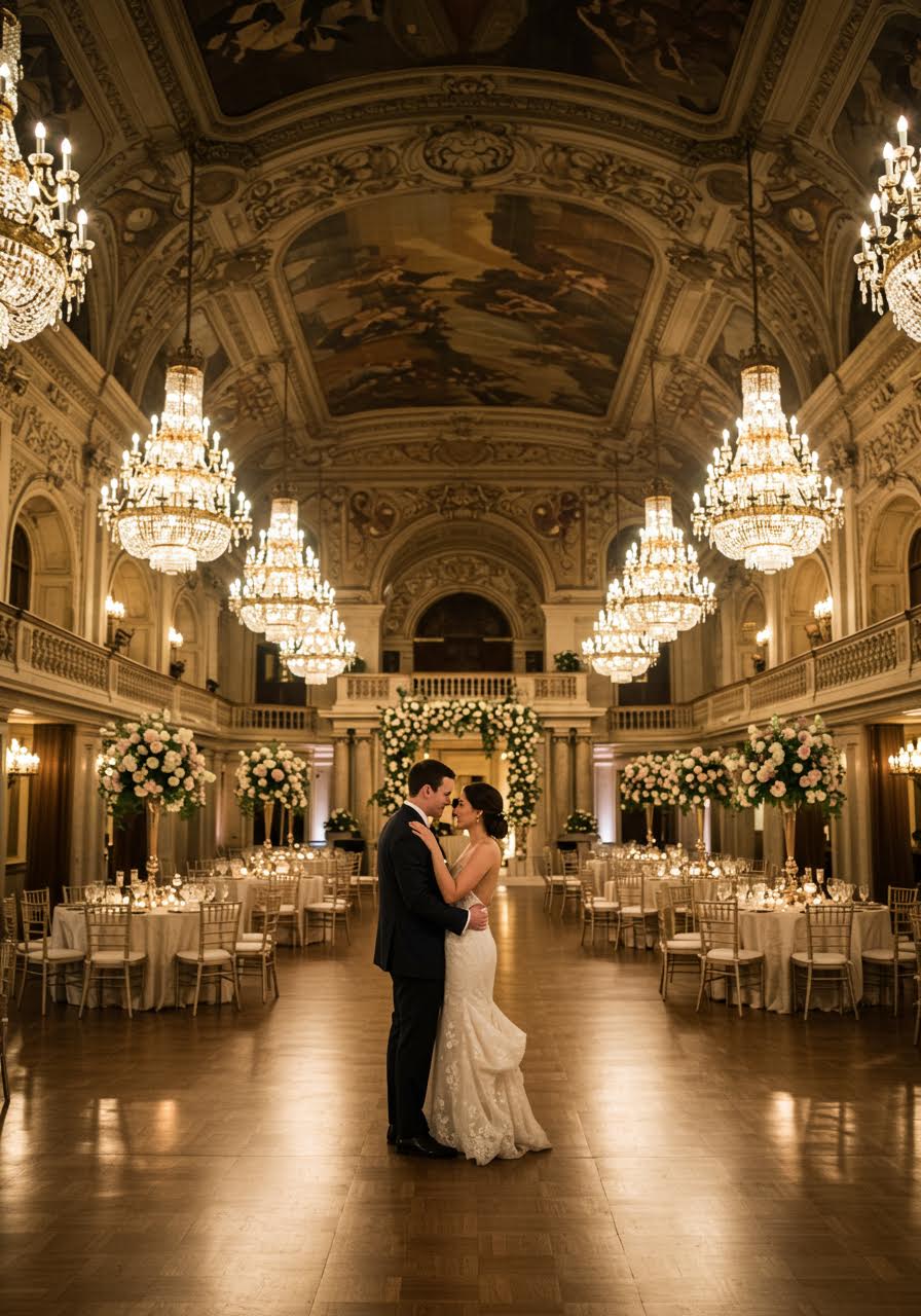 Elegant couple sharing their first dance in a romantic candlelit ballroom with crystal chandeliers