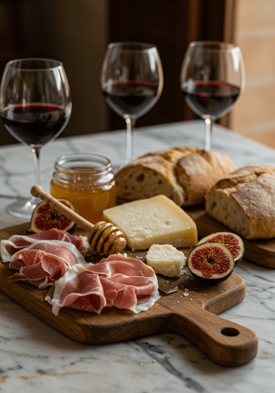 Close-up macro shot of traditional Tuscan foods including figs, cheese and cured meats