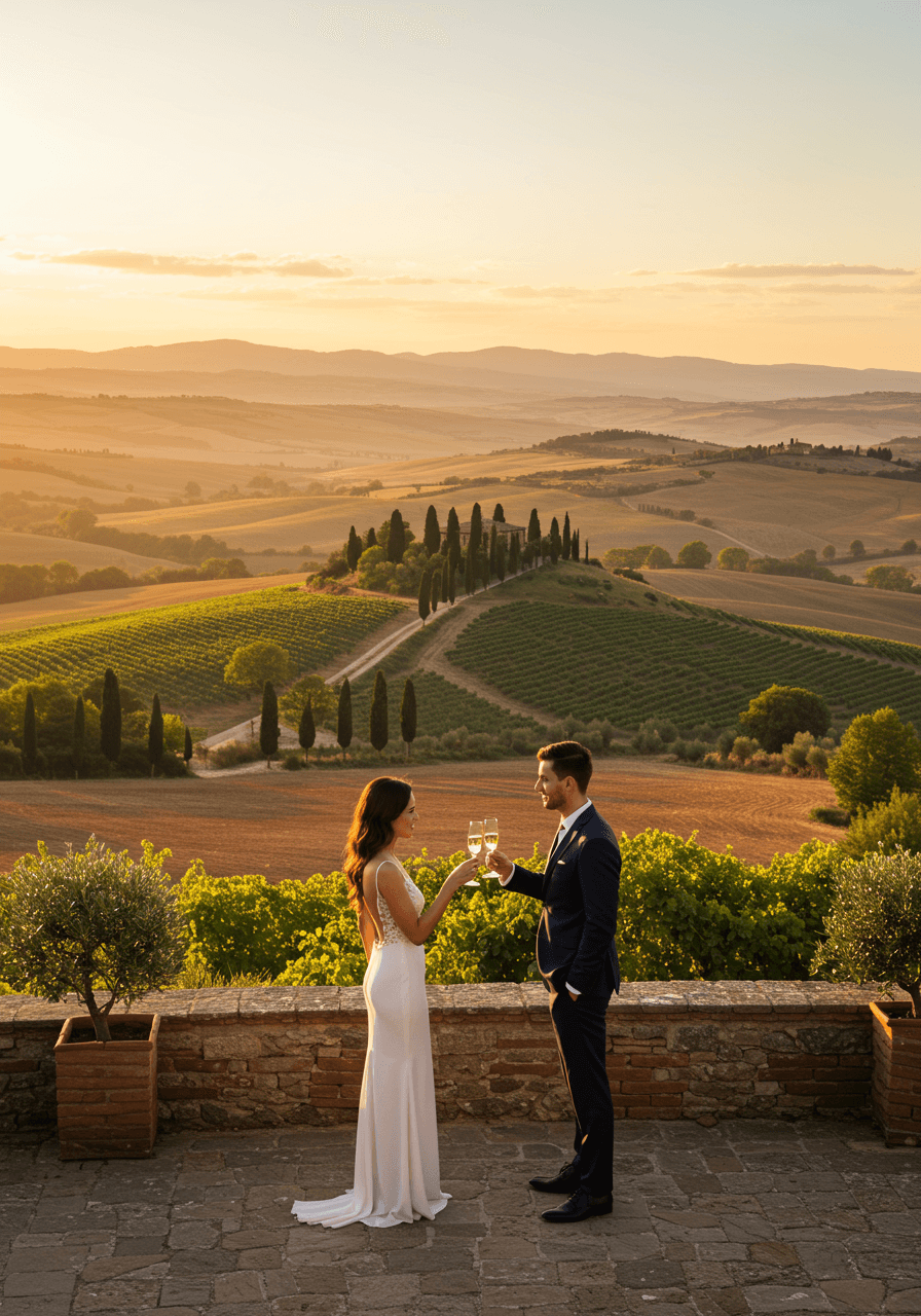 Couple raising champagne glasses in toast with rolling Tuscan hills in background