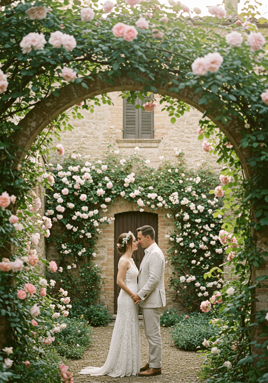 Intimate close-up of couple in secluded garden corner surrounded by roses
