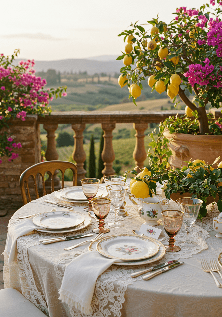 Close-up of vintage Italian wedding table with ornate gold-rimmed china and crystal stemware on stone terrace