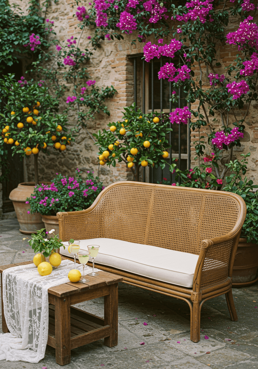 Intimate rattan loveseat with cream cushions beside rustic table with limoncello glasses in bougainvillea-surrounded courtyard