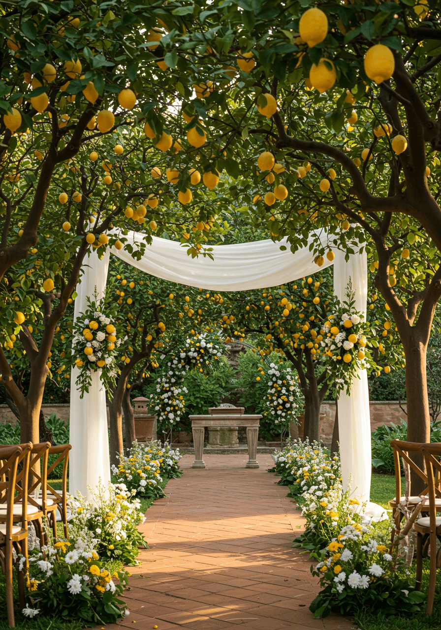 Wedding ceremony altar featuring towering lemon trees with bright yellow fruit and white fabric draping in Italian villa garden