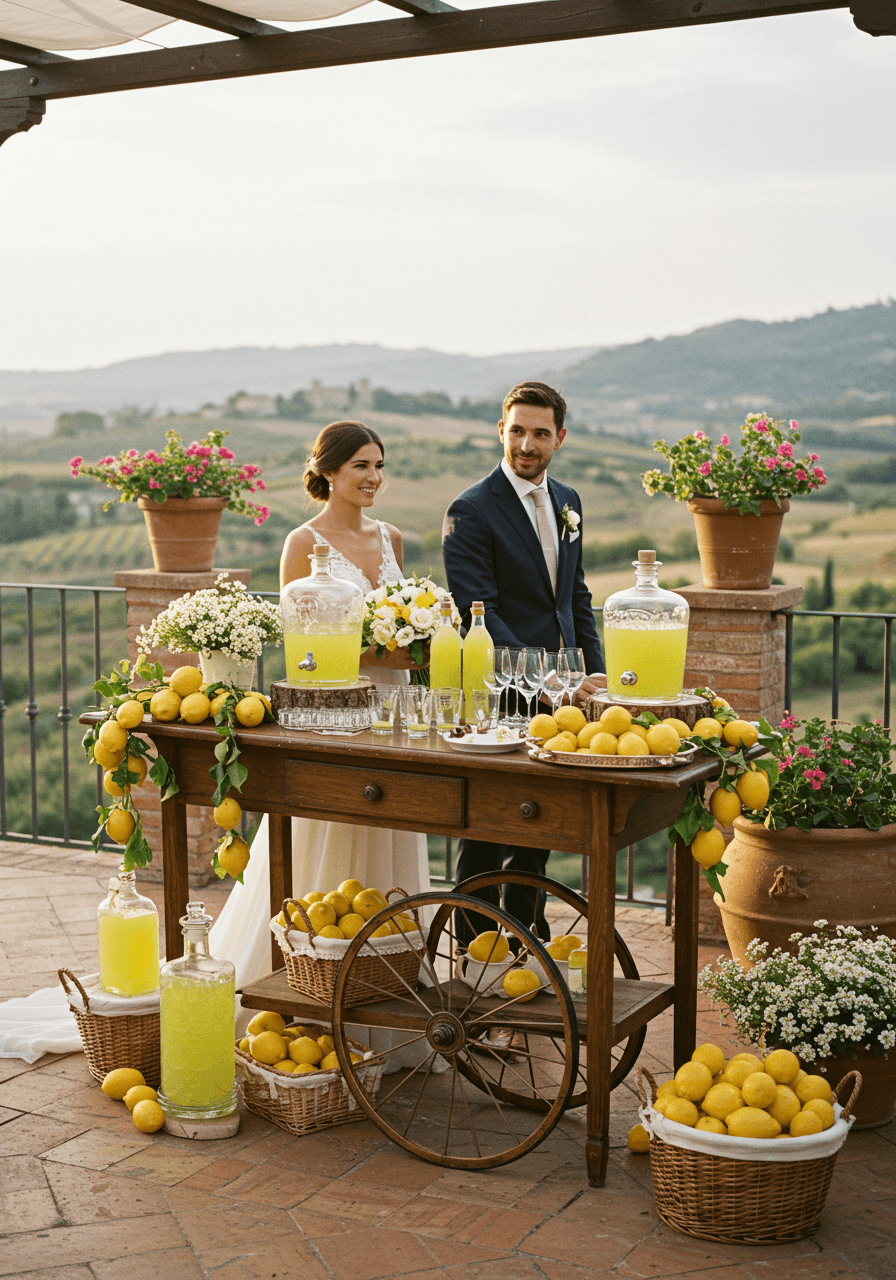 Bride and groom behind elegant limoncello bar decorated with lemons and white flowers on Italian terrace