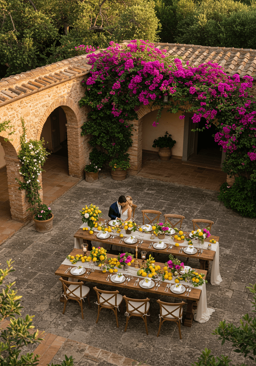 Aerial view of circular reception table with woven rattan chargers and lemon garlands on stone terrace overlooking hills