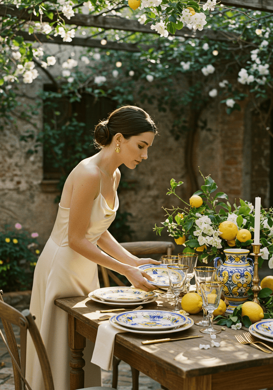 Woman in cream silk dress arranging vintage Italian ceramic plates and gold-rimmed glasses on rustic table