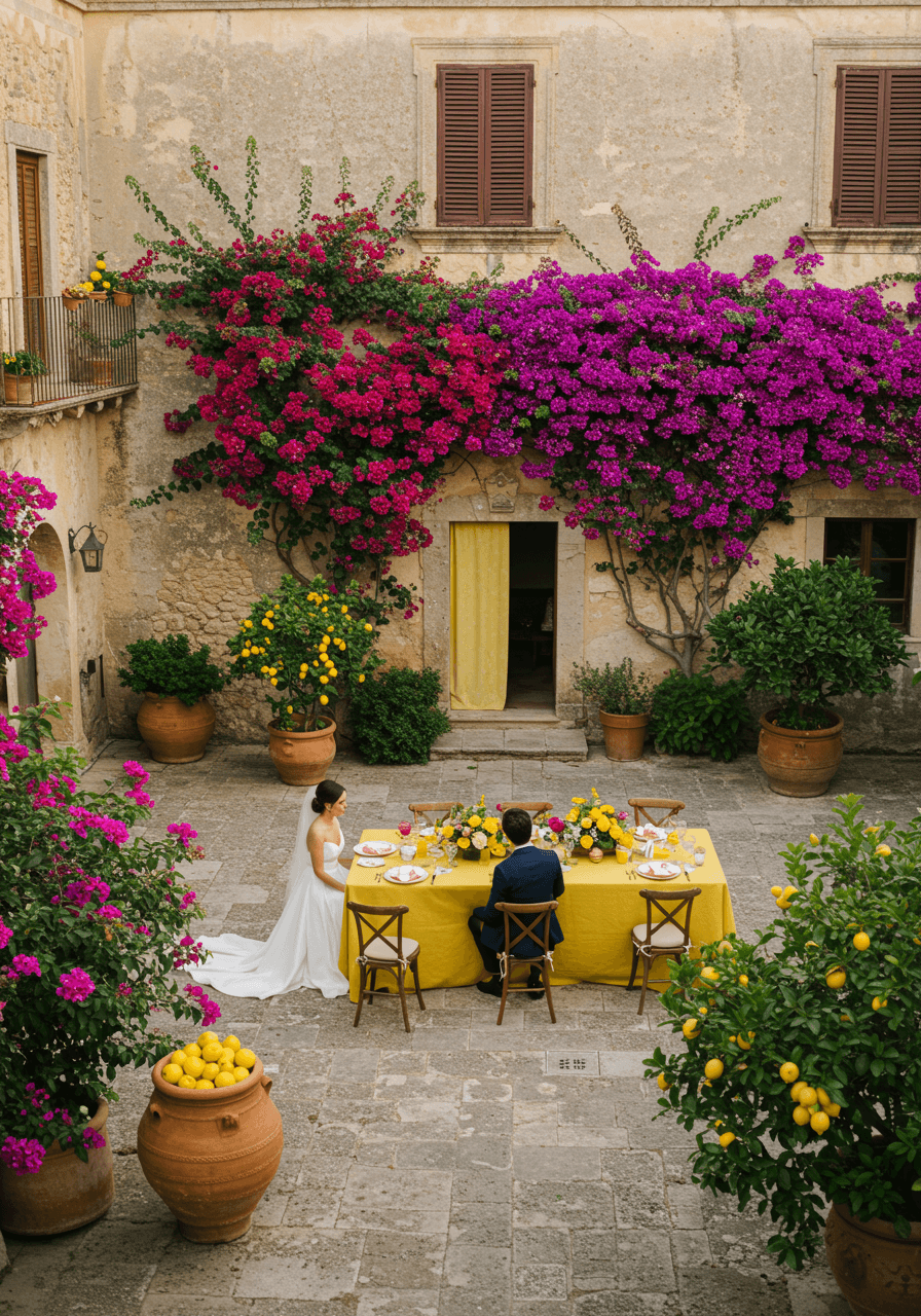 Wide view of colorful Sicilian-inspired courtyard dining setup with coral table linens and magenta bougainvillea