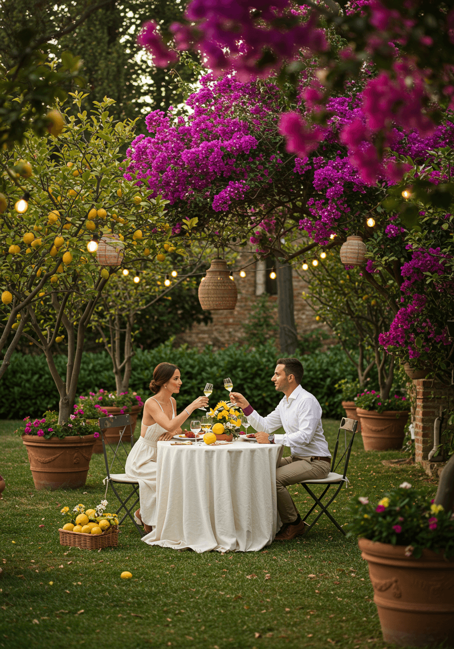 Couple sharing intimate limoncello toast at elegant alfresco table surrounded by lemon trees and bougainvillea in Tuscan garden