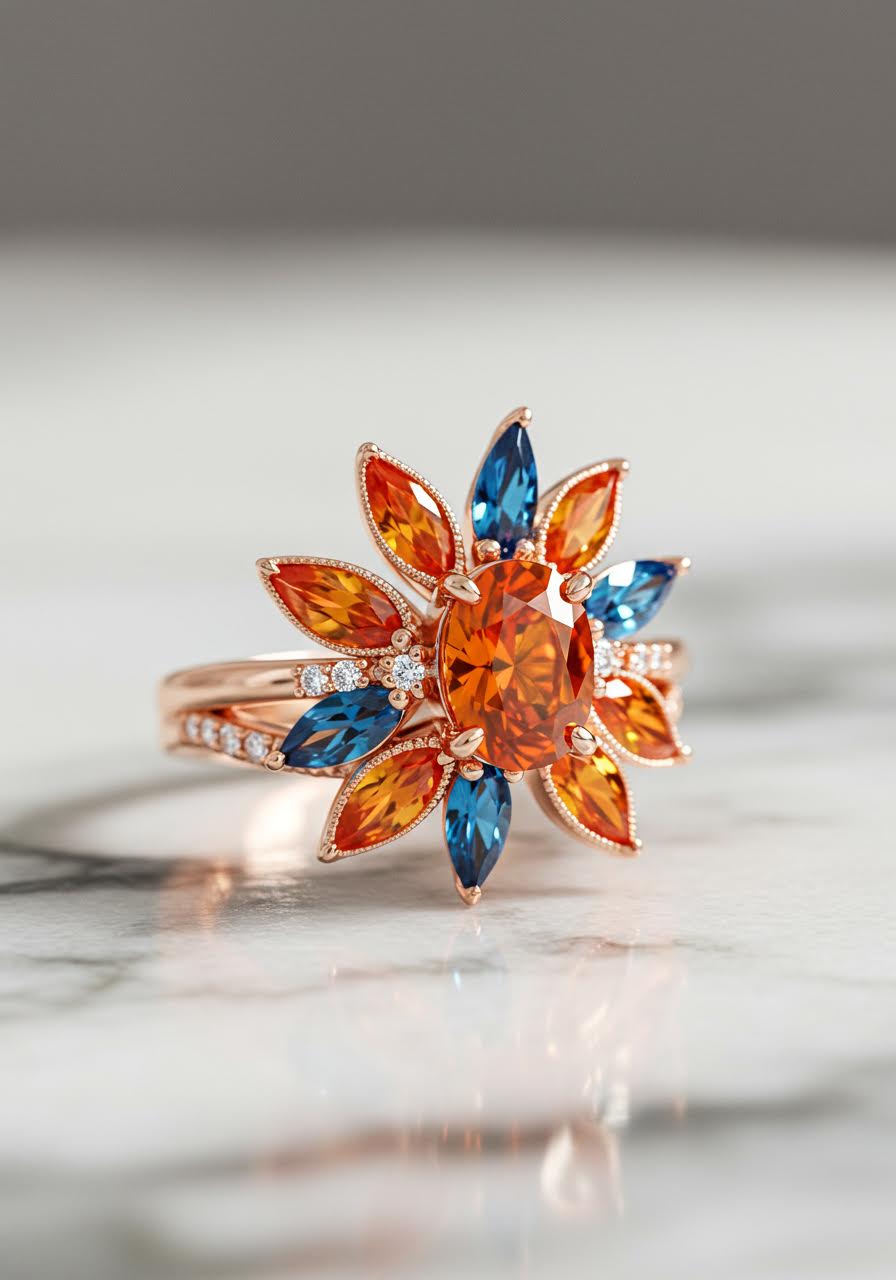 Bird of paradise engagement ring with oval orange sapphire centre stone and contrasting blue accent gemstones in sculptural rose gold setting