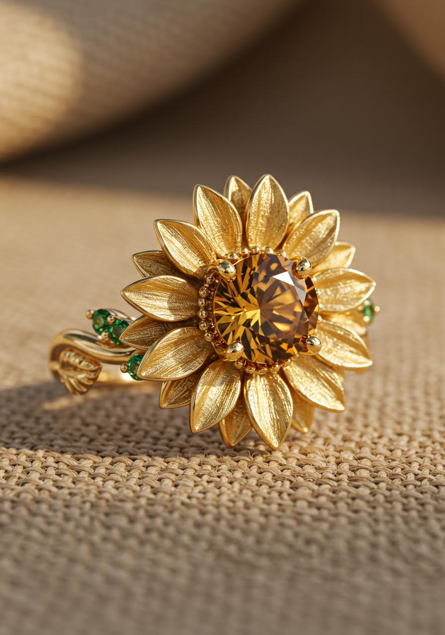 Sunflower engagement ring with brilliant citrine centre stone surrounded by dimensional yellow gold sculptural petals and emerald tourmaline leaves