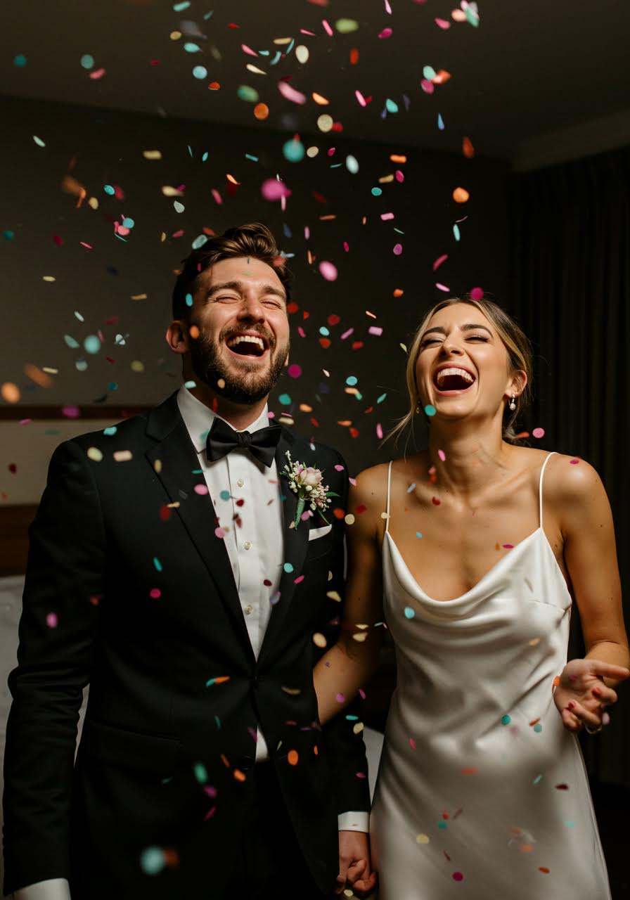 Close-up of confetti cascade against bride and groom's formal attire