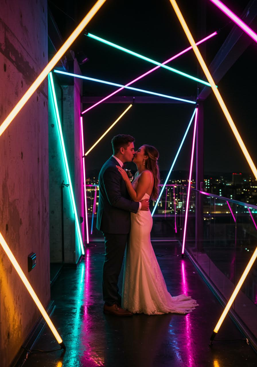 Passionate kiss on urban rooftop with vibrant LED lighting and city backdrop