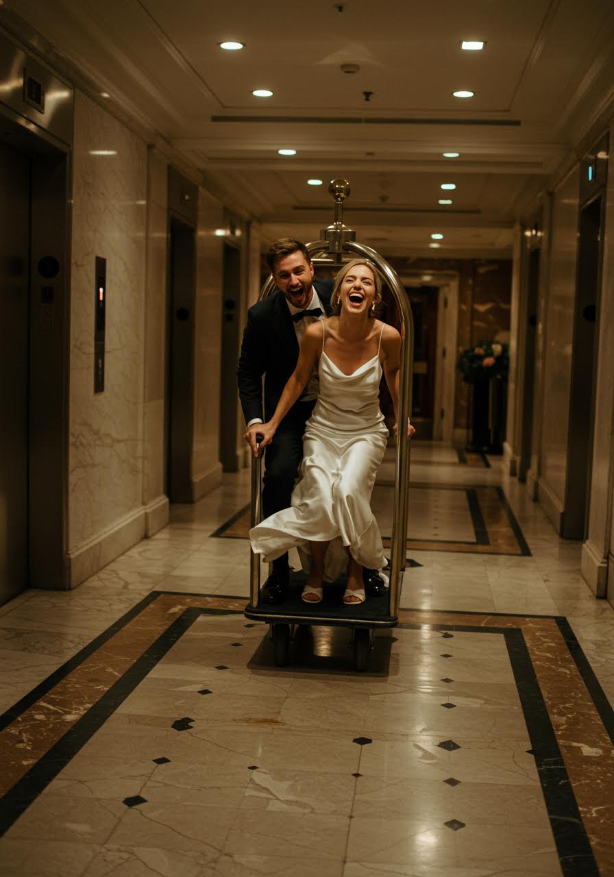 Close-up of pure joy on couple's faces during spontaneous luggage cart adventure
