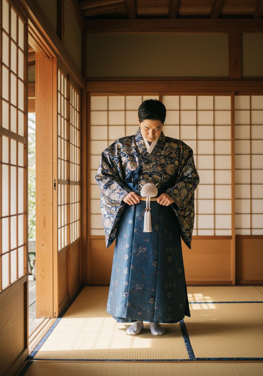 Close-up detail of ceremonial belt and traditional elements on fusion groom's wedding attire