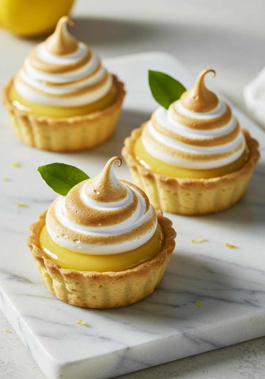 Golden lemon meringue tartlets with perfectly torched peaks in natural lighting
