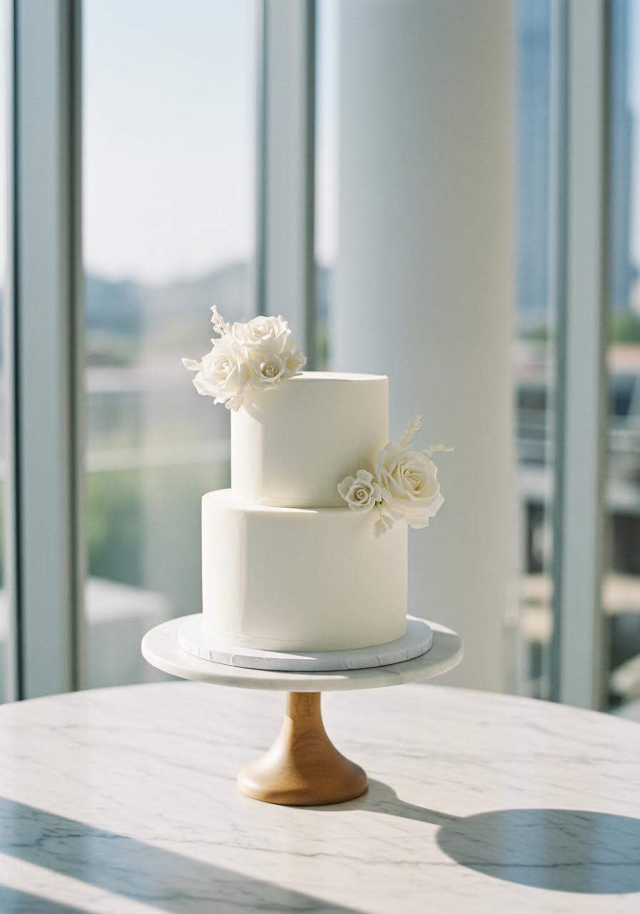 Single-tier round white wedding cake with clean lines on marble stand in modern venue