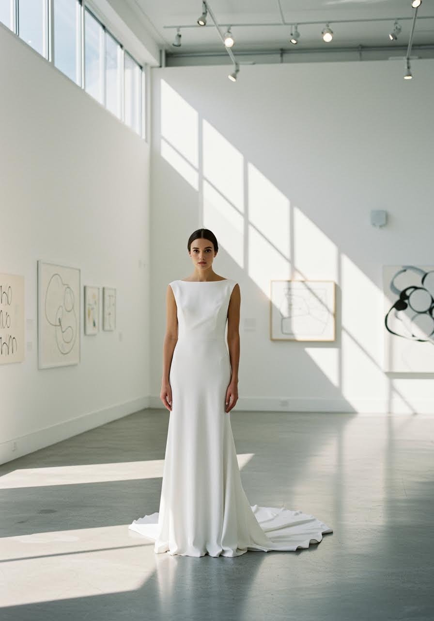 Minimalist wedding dress featuring classic bateau neckline in bright modern gallery space
