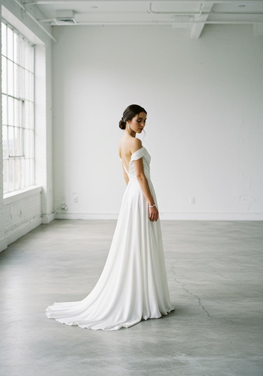 Flowing silk wedding dress with geometric precision in modern studio with concrete floors