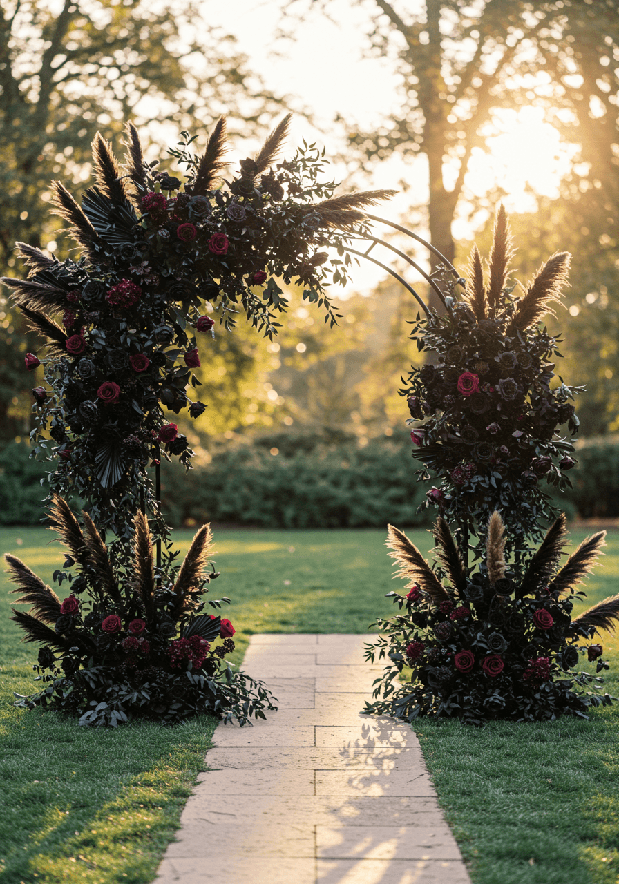 Dramatic black floral wedding arch with cascading dark roses and pampas grass in romantic outdoor garden setting