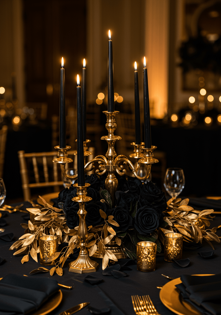 Sophisticated black and gold table centerpiece with ornate candelabras and fresh roses in elegant ballroom