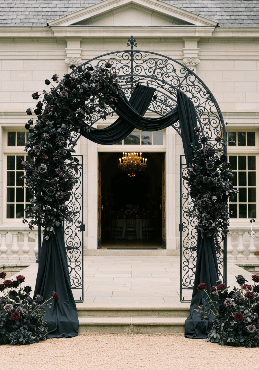 Grand black wrought iron wedding entrance arch adorned with black roses and flowing silk drapes