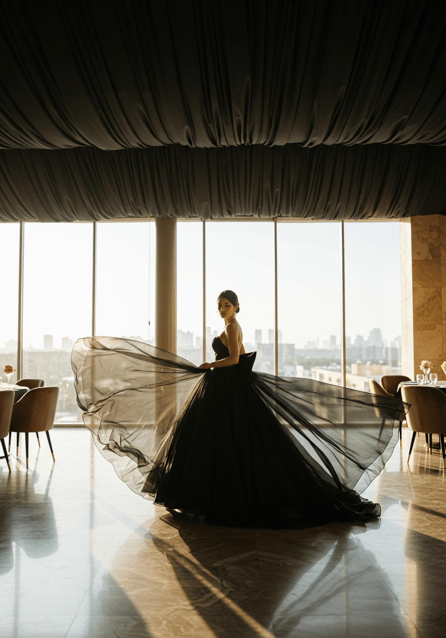 Elegant bride in flowing black wedding dress with dramatic chiffon layers in luxury venue during golden hour