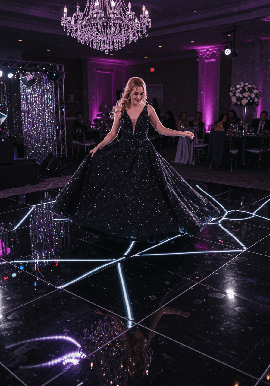 Dynamic shot of bride spinning on LED dance floor with prismatic light reflections