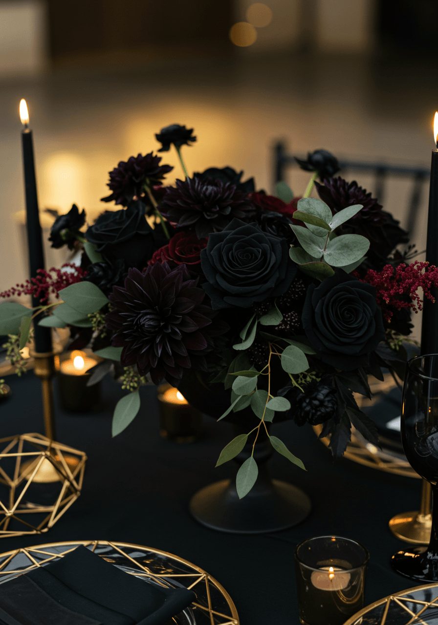 Macro detail shot of dark wedding flowers capturing intricate petal textures in golden hour light