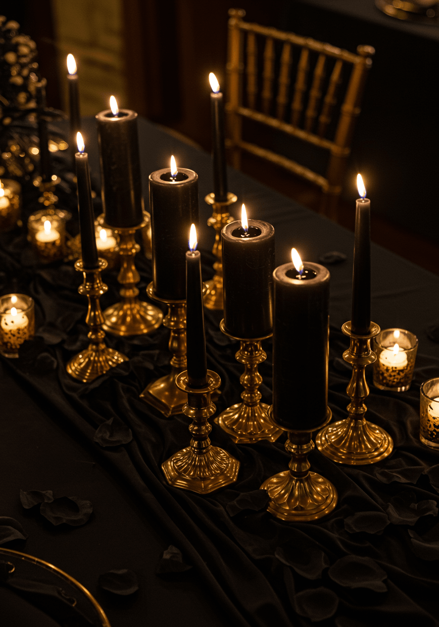 Overhead view of romantic candle display with scattered rose petals adorning black silk runner