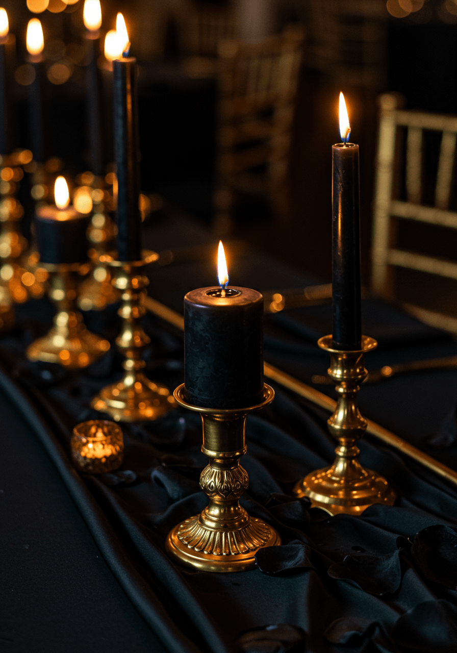 Elegant black candles in gleaming gold holders arranged along lustrous black silk table runner