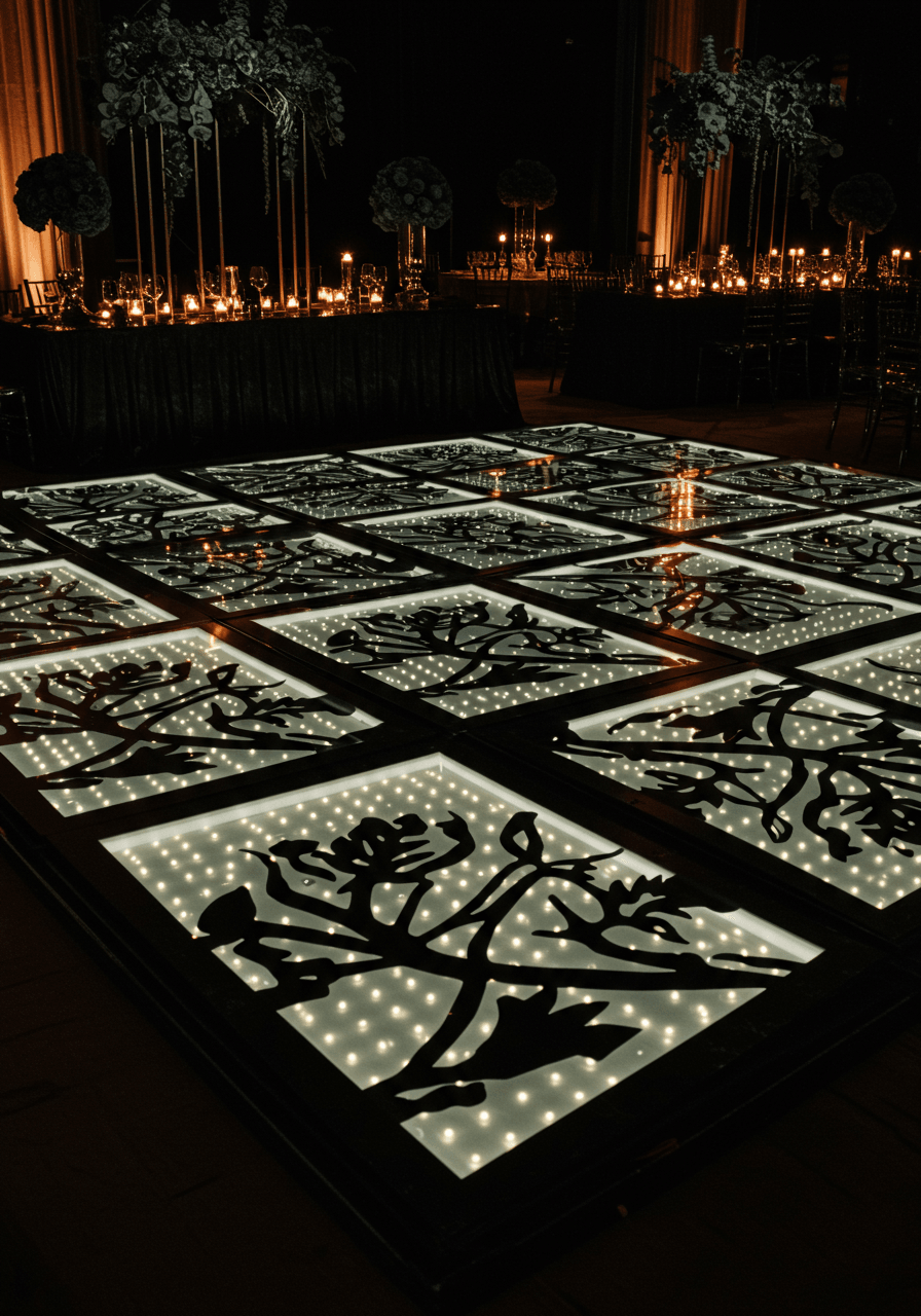 Elegant geometric black dance floor with laser-cut patterns and amber LED backlighting