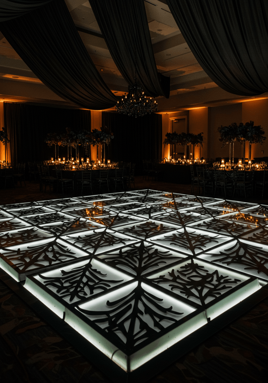 Wide view of illuminated geometric dance floor surrounded by black sculptural centerpieces
