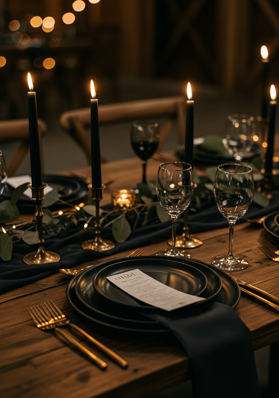 Elegant black tablescape with gleaming gold accents arranged on rustic farm table