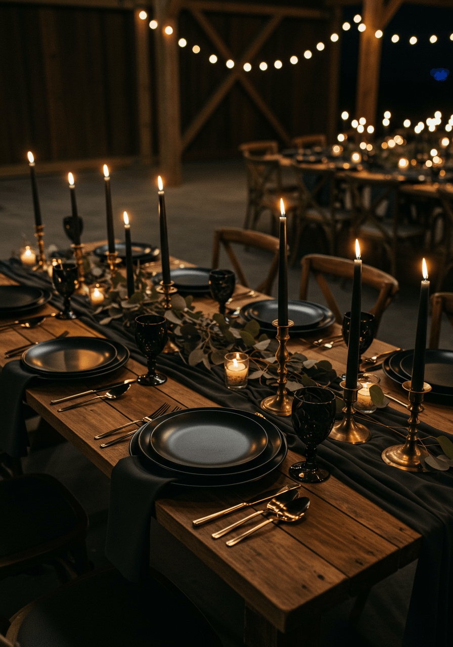 Overhead view of barn wedding setting featuring black ceramic dinnerware and golden candlesticks