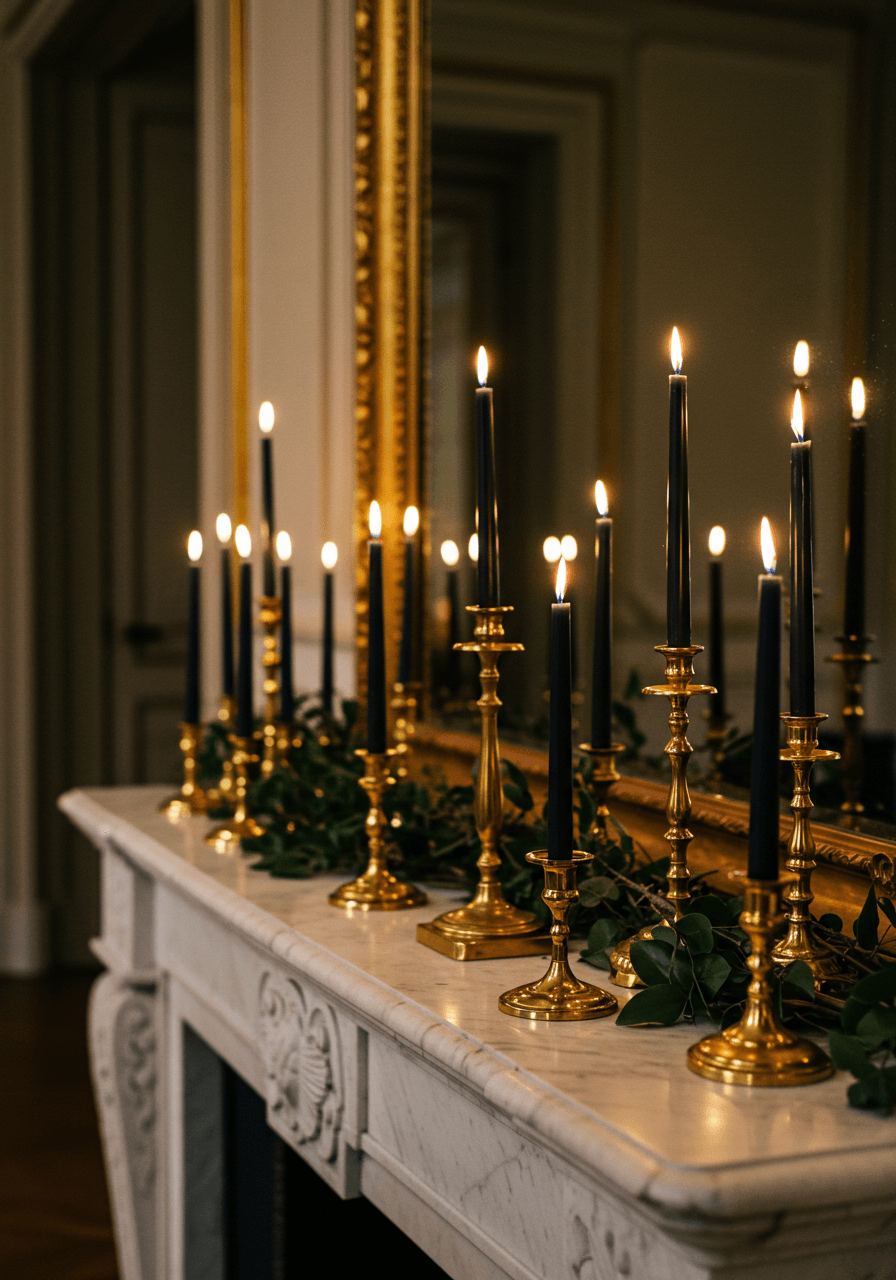 Elegant black taper candles displayed in ornate gold candelabras on pristine white marble mantelpiece
