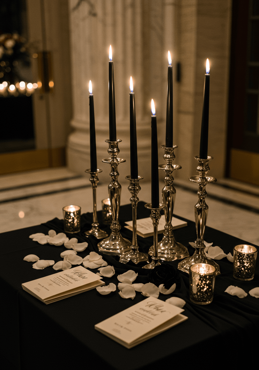 Elegant black wedding welcome table with silver candelabras and scattered orchid petals in luxury foyer