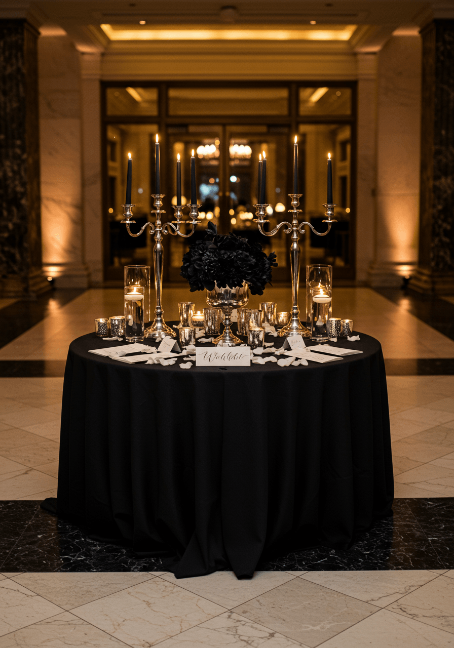 Sophisticated foyer welcome table setup with black linens and romantic candlelight in luxury venue
