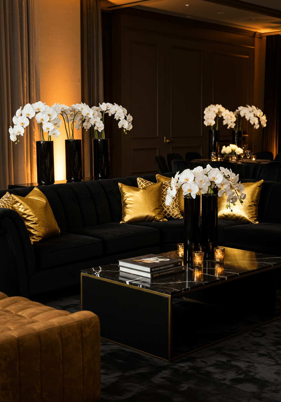 Luxurious black velvet sectional sofa with gold accent pillows in upscale wedding lounge area