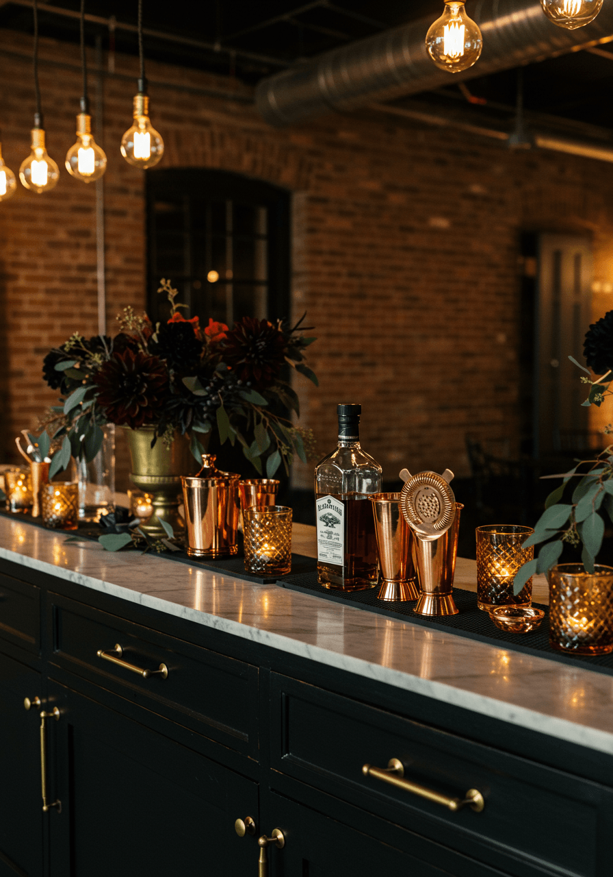 Detailed view of black wedding bar setup with premium spirits and elegant glassware display