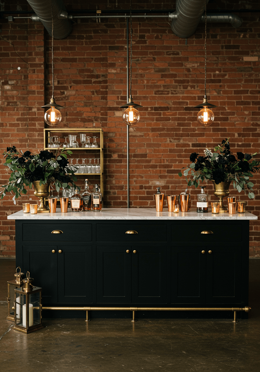 Modern black wedding bar with marble countertops and botanical arrangements against exposed brick wall