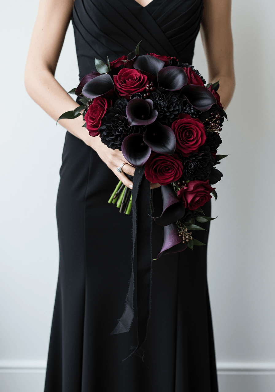 Modern gothic wedding bouquet featuring bold black calla lilies with flowing trailing ribbon