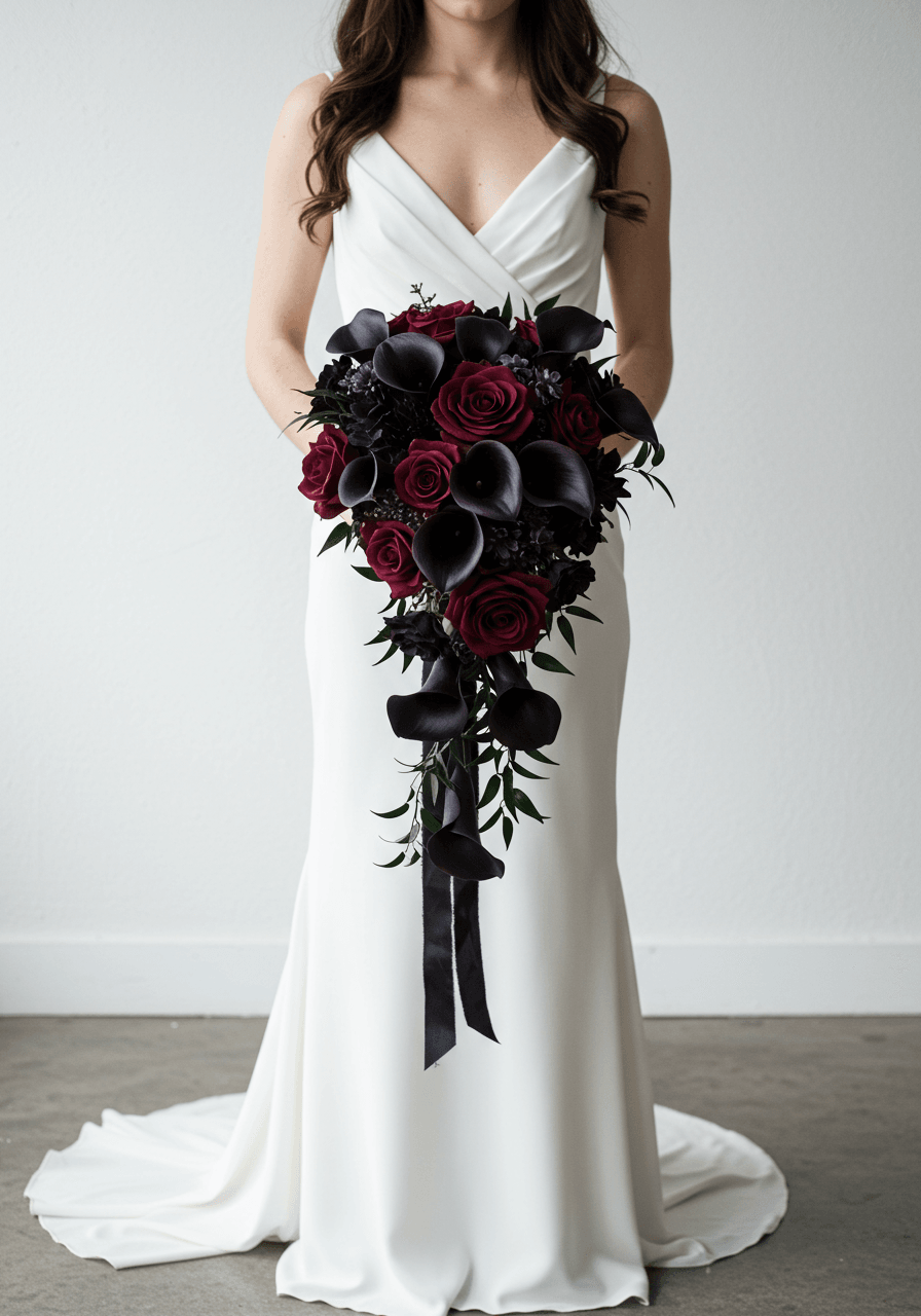 Full portrait of bride in modern wedding dress holding striking black calla lily bouquet