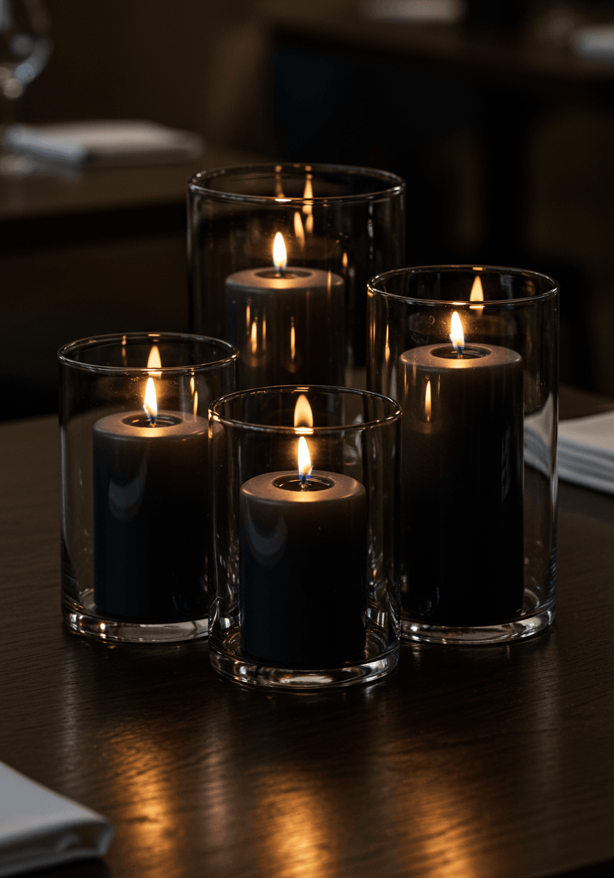 Cluster of black pillar candles nestled in protective hurricane lanterns on dark wooden table