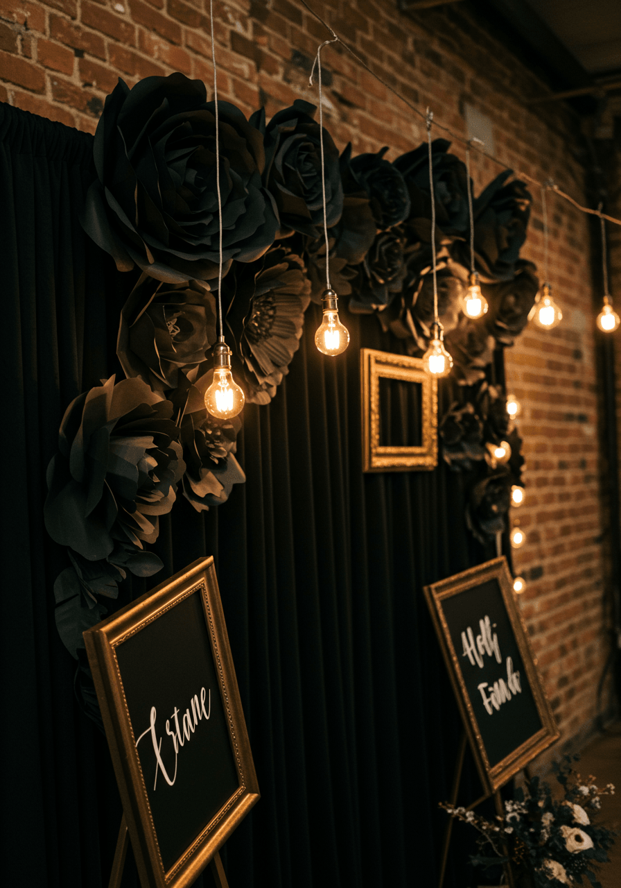 Ornate black paper flower photo booth backdrop with Edison bulb string lights creating warm ambiance
