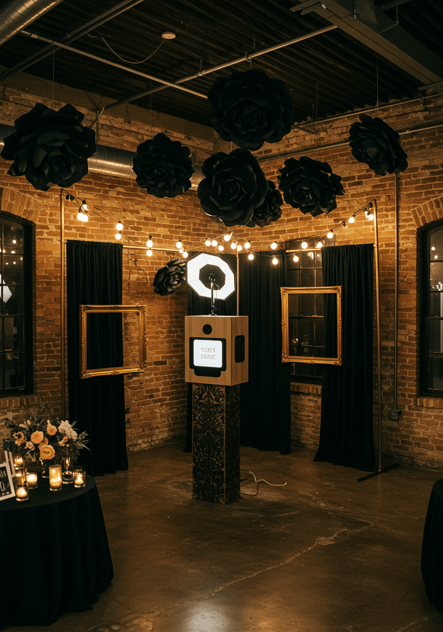 Wide view of industrial photo booth installation with hanging paper flowers and vintage props