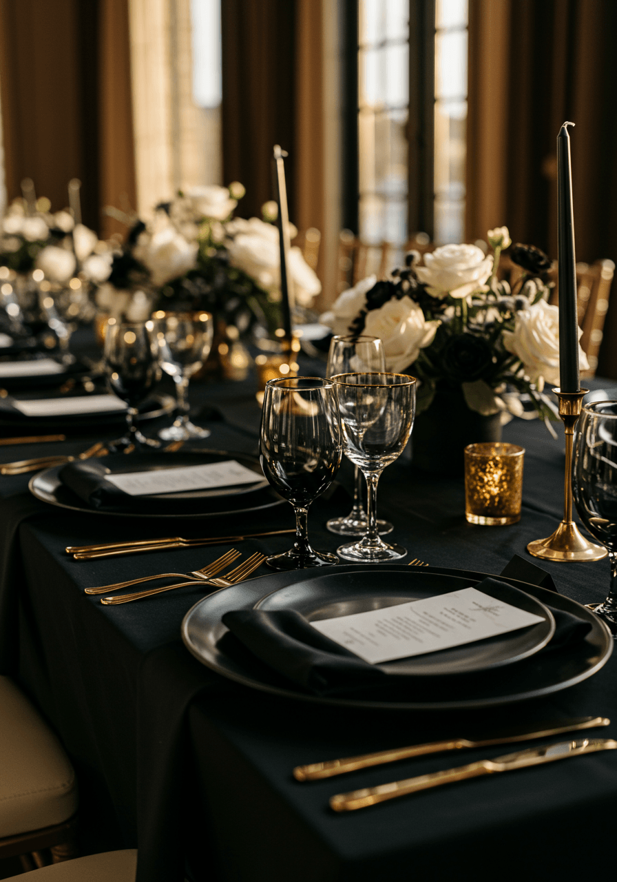 Elegant gold-rimmed glassware positioned on sophisticated black wedding table setting