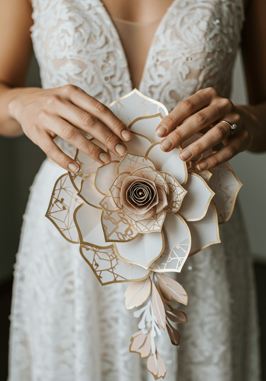 Bride's hands holding contemporary geometric paper flower arrangement with metallic gold accents in modern reception venue