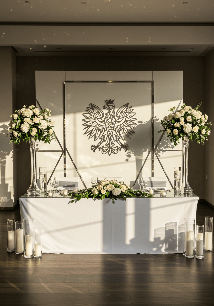 Modern geometric Polish eagle wall art installation with clean metallic lines behind minimalist wedding head table